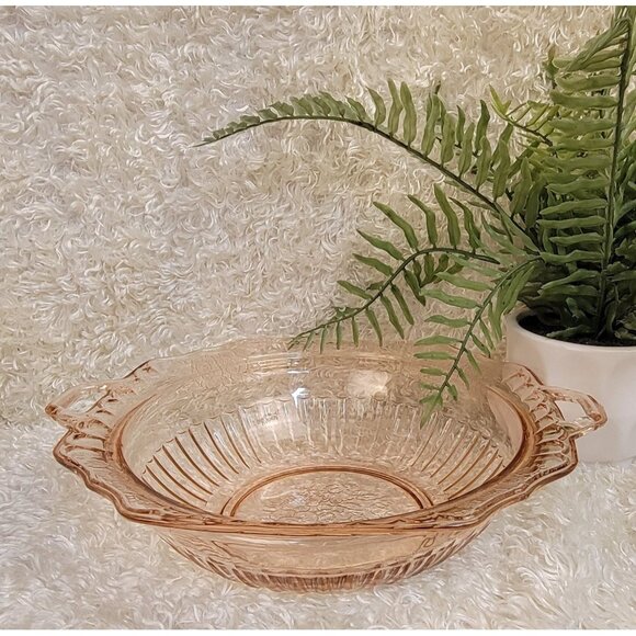Antique Pink Depression Glass Serving Bowl in the Mayfair Open Rose Pattern - Picture 2 of 9